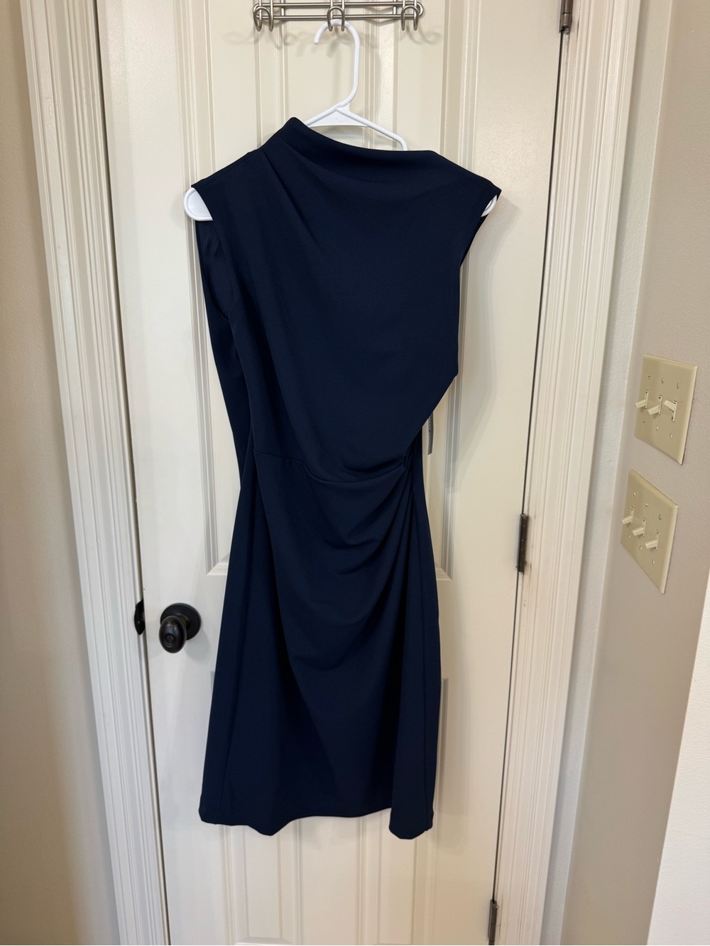 Maggy London Navy Asymmetric Draped Midi Dress